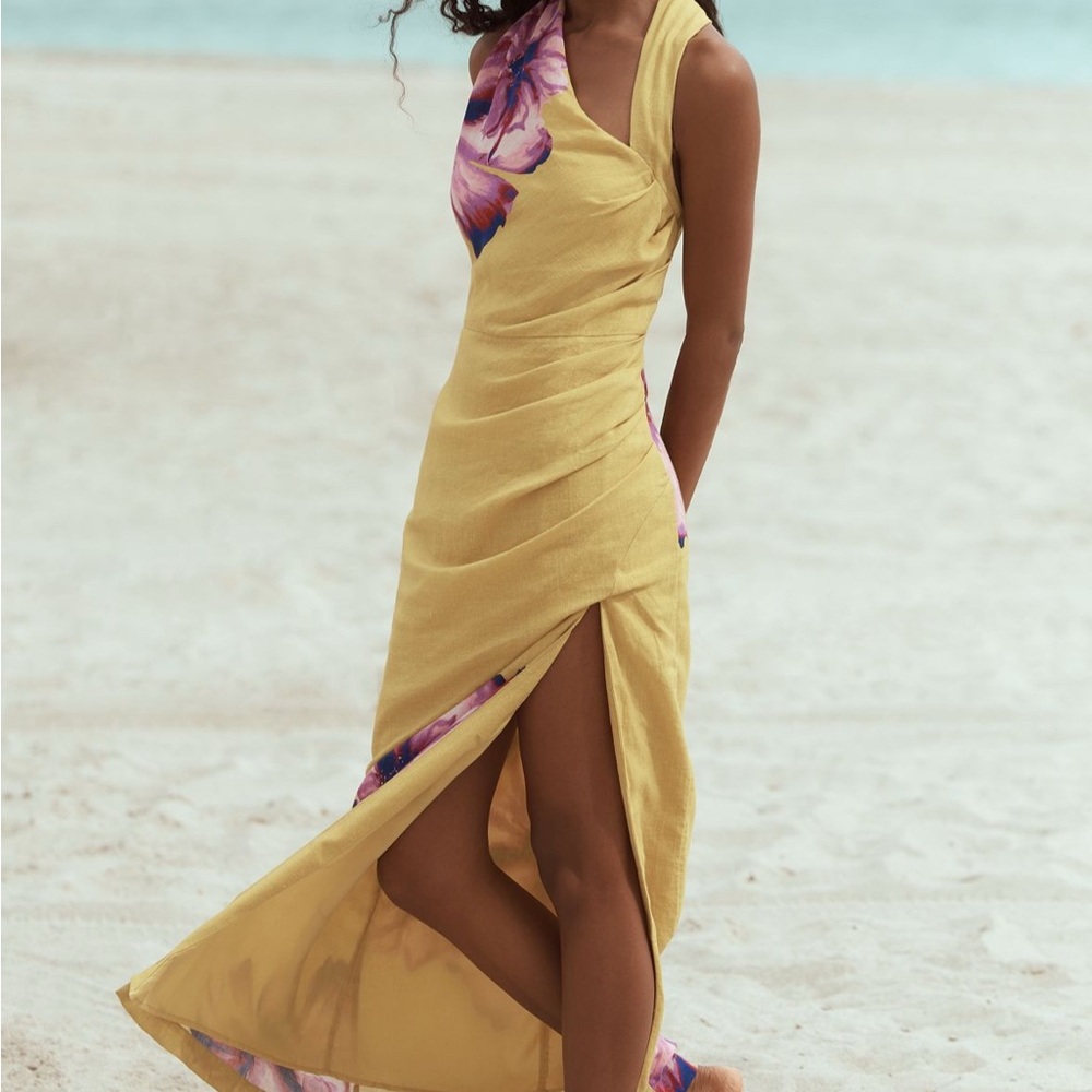 Anthropologie Yellow Asymmetrical Floral-Trim Maxi Dress